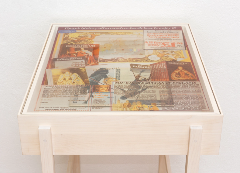 There's history all around us, 2022. Wooden display case, 4-color silkscreen fired in glass, 