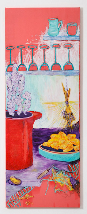 Camille Tsvetoukhine: Untitled, 2025, oil and pastel on silk, 160 × 60 cm, exhibition view, 2025, Kebbel Villa, Schwandorf (Photo: Clemens Mayer)