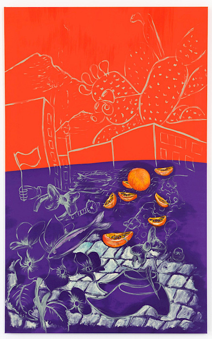 Camille Tsvetoukhine: Untitled, 2025, Oil and pastel on silk, 160 × 60 cm (Photo: Clemens Mayer)
