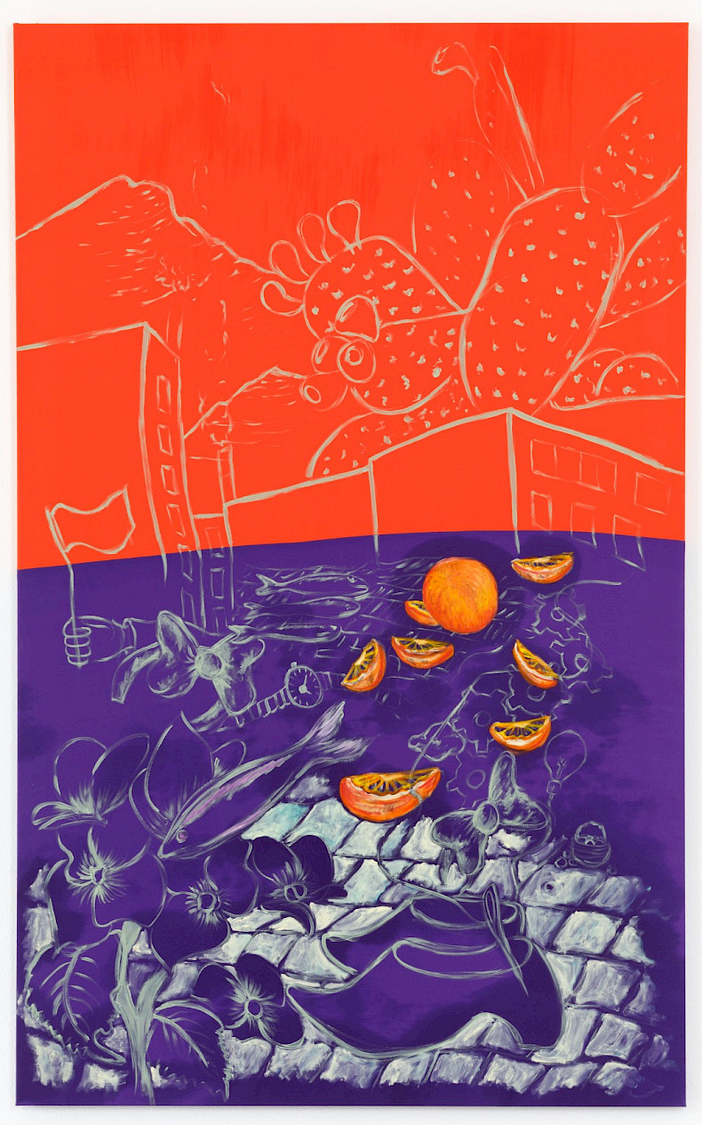 Camille Tsvetoukhine: Untitled, 2025, Oil and pastel on silk, 160 × 60 cm (Photo: Clemens Mayer)