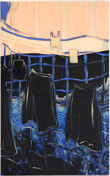 Camille Tsvetoukhine: Our skirts, 2025, oil on silk, 160 × 100 cm, Kebbel Villa, Schwandorf (Photo: Clemens Mayer)