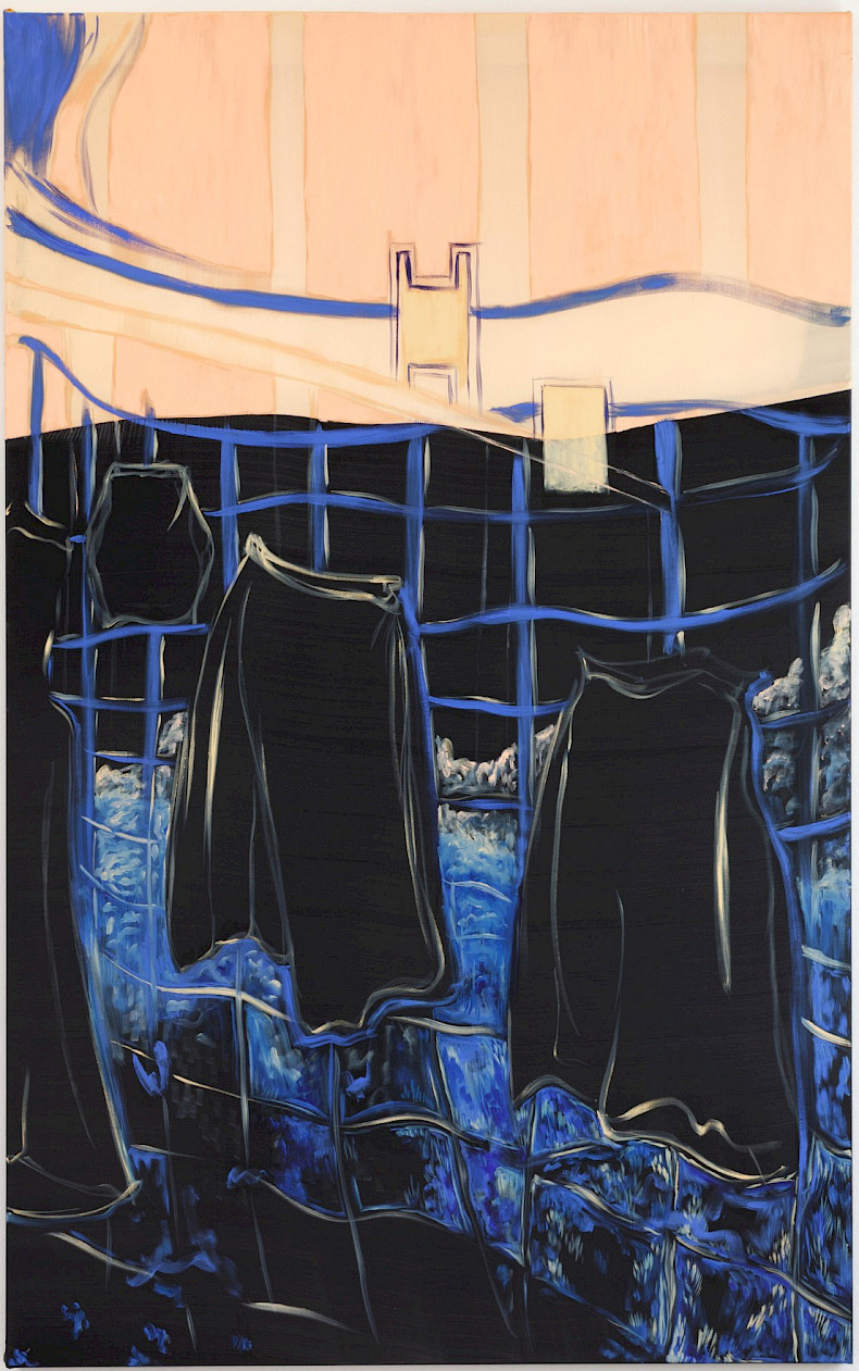 Camille Tsvetoukhine: Our skirts, 2025, oil on silk, 160 × 100 cm, Kebbel Villa, Schwandorf (Photo: Clemens Mayer)