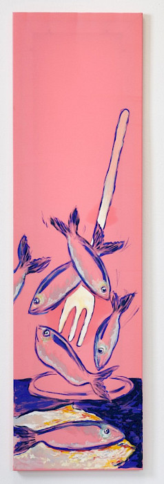 Camille Tsvetoukhine: Female Sardine Fisher, 2025, oil on silk, 140 × 40 cm (Photo: Clemens Mayer)