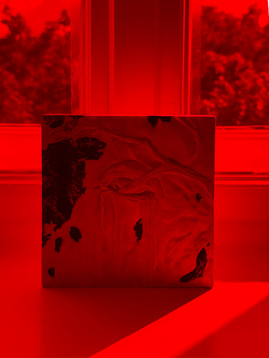 Polina Shcherbyna: The syllable pain, 2024, Wood burning, carving, 20 × 20 cm (Photo: Clemens Mayer)