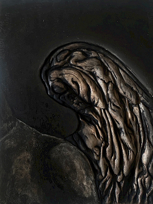 Polina Shcherbyna: Old wounds bleeding with new one as one river (Detail), 2024-25, wood burning/carving, ashes, pigments, encaustic, steel, sound, 260 × 210 cm (Photo: Clemens Mayer)