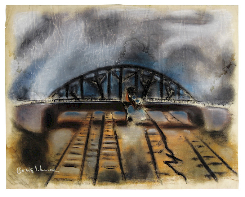 Boris Lurie: Bombed Bridge, c. 1946, Pastell und Gouache auf Papier, 43 × 56 cm (Foto: Tim Nighswander)