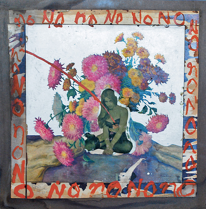 Boris Lurie: NO with Pinup and Flowers, 1963, Farbe und Papiercollage auf Masonit, 89 × 89 cm, the Estate of Gertrude Stein (Foto: Tim Nighswander)
