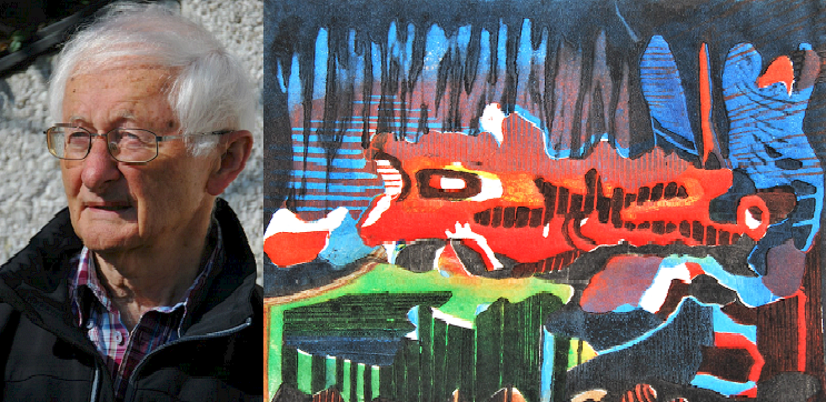 Linolschnitt und Portrait des Künstlers und Kursleiters Otto Dünne (Foto © Otto Dünne)